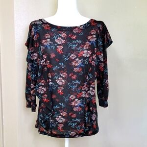 Free People Blouse Black Floral Dock Street Comb Ruffle Women's Small Shirt Top